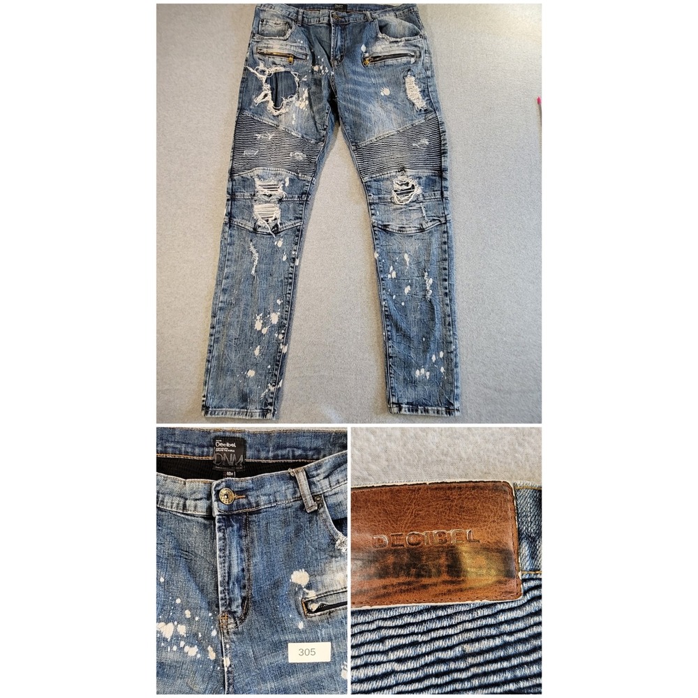 Decibel DNM Mens 40x34 Distressed Moto Jeans Blue Paint Splatter Biker 3637-DA